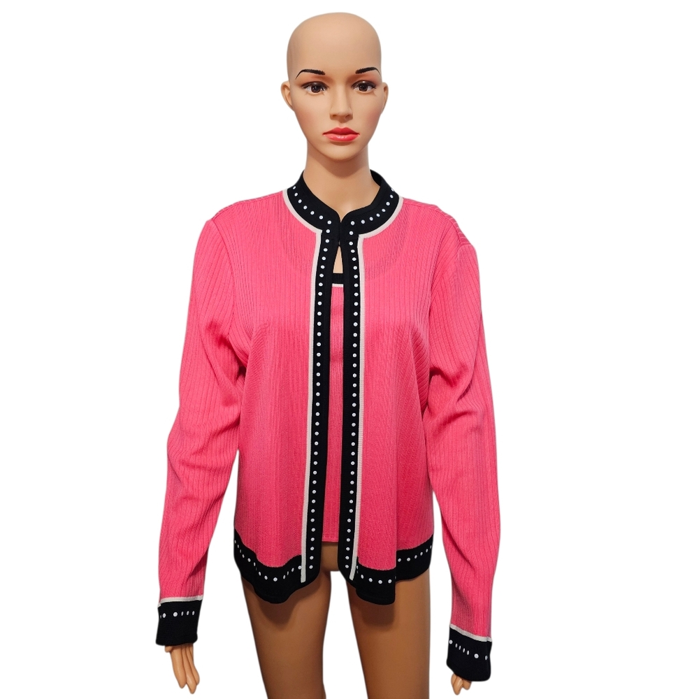 Ming Wang Two Piece Pink/Black Ribbed Knit Cardigan and Tank Dopamine Set M/L - Picture 1 of 10